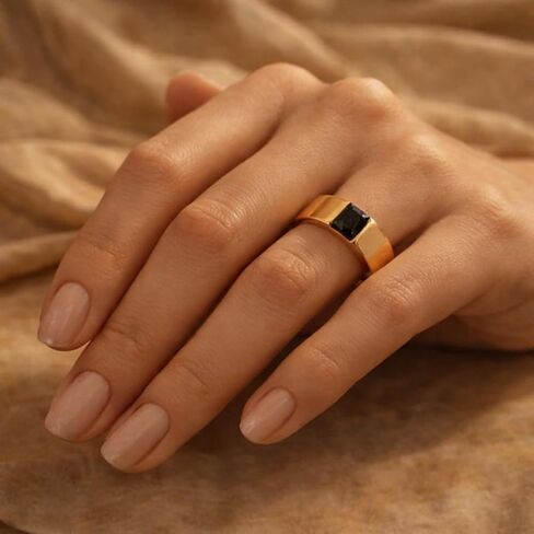 Black Onyx Gold Band Ring in 14K Yellow Gold Minimalist Square Cut Stone Wedding Band Modern Statement Promise Ring for Men in Saudi Arabia