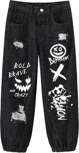 Boy's Loose Fit Ripped Jeans Pants Fashion Letter Graphic Denim Jeans Pants for Kids in Saudi Arabia