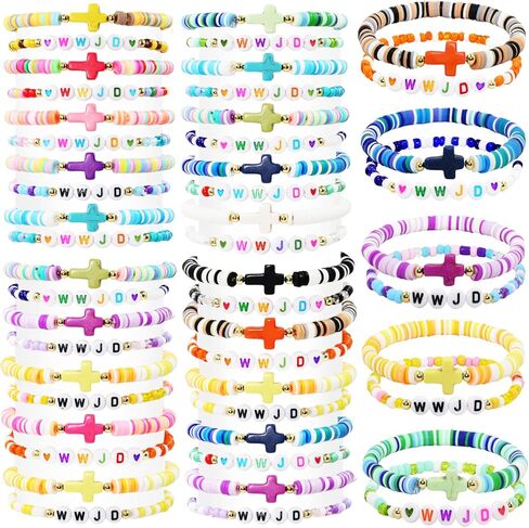 60 Pcs Jesus Loves You Christian Bracelets Bulk Easter WWJD Colorful Friendship Bracelet for Women Bible Verse Religious Cross Beaded Wristband for Church Reminder Jewelry Gift in Saudi Arabia