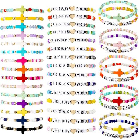 60 Pcs Jesus Loves You Christian Bracelets Bulk Easter WWJD Colorful Friendship Bracelet for Women Bible Verse Religious Cross Beaded Wristband for Church Reminder Jewelry Gift in Kuwait