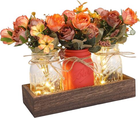 Mason Jar Table Centerpiece Decor with Lights, Wood Tray & 3 Artificial Flowers - Farmhouse Table Decor for Dining Room, Living Room, Kitchen, Coffee Table​ in Saudi Arabia