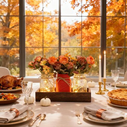 Mason Jar Table Centerpiece Decor with Lights, Wood Tray & 3 Artificial Flowers - Farmhouse Table Decor for Dining Room, Living Room, Kitchen, Coffee Table​ in Saudi Arabia