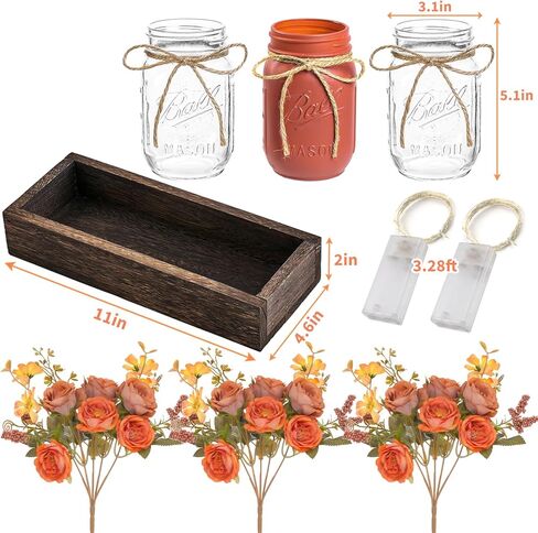 Mason Jar Table Centerpiece Decor with Lights, Wood Tray & 3 Artificial Flowers - Farmhouse Table Decor for Dining Room, Living Room, Kitchen, Coffee Table​ in Saudi Arabia