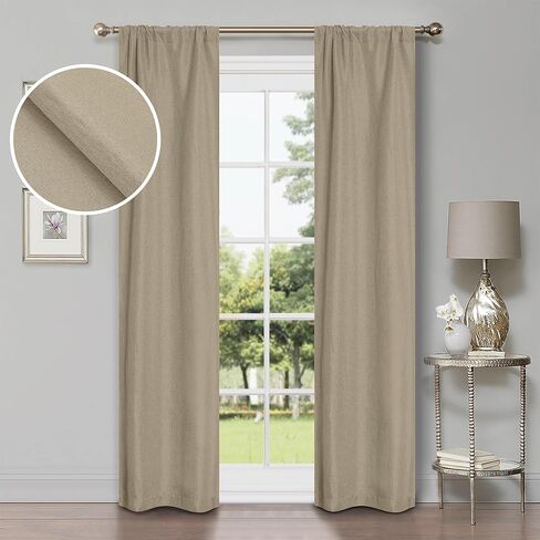 SUPERIOR Blackout Curtains, Room Darkening, Bedroom, Drapes, Kitchen, Living Room Window Accents, Sun Blocking, Thermal, 2 Pack, Linen Pattern Blackout Curtains, Set of 2, 26" x 84", Frosted Almond in Saudi Arabia