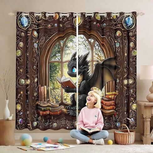 Manfei Cartoon Dragon Kids Blackout Curtains,Reading Book Bookshelf Trippy Girls Boys Window Drapes,Geometric Patchwork Vintage Black Noble Chic Window Treatments Grommet Top 2 Panel Set,38Wx54L inch in Saudi Arabia
