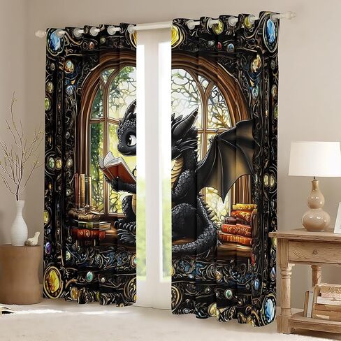 Manfei Cartoon Dragon Kids Blackout Curtains,Reading Book Bookshelf Trippy Girls Boys Window Drapes,Geometric Patchwork Vintage Black Noble Chic Window Treatments Grommet Top 2 Panel Set,38Wx54L inch in Saudi Arabia