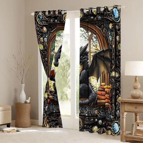Manfei Cartoon Dragon Kids Blackout Curtains,Reading Book Bookshelf Trippy Girls Boys Window Drapes,Geometric Patchwork Vintage Black Noble Chic Window Treatments Grommet Top 2 Panel Set,38Wx54L inch in Saudi Arabia
