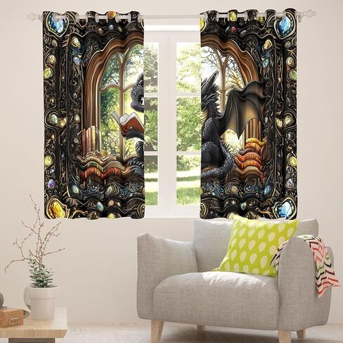 Manfei Cartoon Dragon Kids Blackout Curtains,Reading Book Bookshelf Trippy Girls Boys Window Drapes,Geometric Patchwork Vintage Black Noble Chic Window Treatments Grommet Top 2 Panel Set,38Wx54L inch in Saudi Arabia