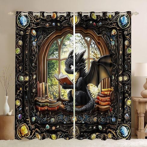 Manfei Cartoon Dragon Kids Blackout Curtains,Reading Book Bookshelf Trippy Girls Boys Window Drapes,Geometric Patchwork Vintage Black Noble Chic Window Treatments Grommet Top 2 Panel Set,38Wx54L inch in Saudi Arabia