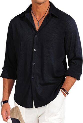 قمصان OYOZONE الرجالية ذات المقاس الرياضي، قمصان علوية كاجوال بأزرار سفلية ومتماسكة ومضلعة in Kuwait