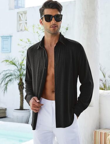 قمصان OYOZONE الرجالية ذات المقاس الرياضي، قمصان علوية كاجوال بأزرار سفلية ومتماسكة ومضلعة in Kuwait