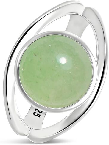 Sterling Silver Real Dongling Stone Ring,Natural Round Genuine Aventurine Quartz Crystal Gemstone Classical Plain Simple Ring for Women (A02_Light Green Dongling, 7) in Saudi Arabia