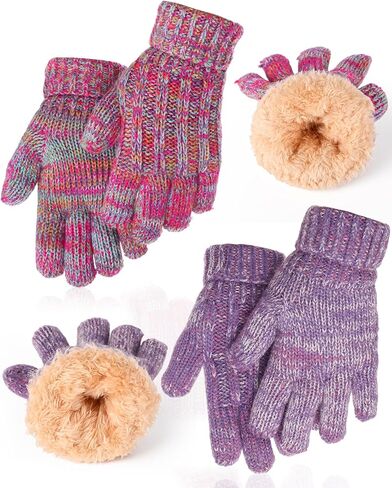 Geyoga 2 Pairs Kids Warm Gloves Winter for Girls Boys 2-8 Thermal Wool Fleece Lined Gloves Toddler Thick Thermal Knit Mittens for Cold Weather Supplies, Cute Rose Red and Purple in Saudi Arabia