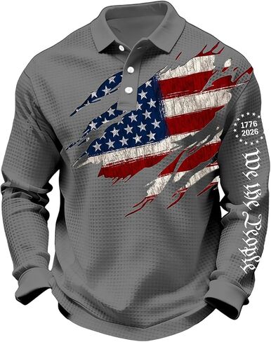 Men's 250Th Anniversary National Flag Print Casual Waffle Fabric Polo Shirt Cross Patriotic Button Collar Tee in Saudi Arabia