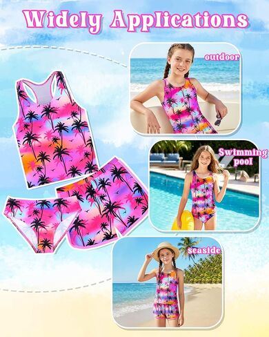 الفتيات Tankini ملابس السباحة 3 قطعة ثوب السباحة مجموعة لطيف ثوب سباحة مثير مع السراويل الصيف UPF 50 + Racerback الاطفال لباس سباحة in Kuwait