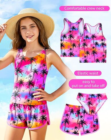الفتيات Tankini ملابس السباحة 3 قطعة ثوب السباحة مجموعة لطيف ثوب سباحة مثير مع السراويل الصيف UPF 50 + Racerback الاطفال لباس سباحة in Kuwait