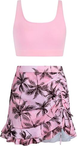 DAXIANG في سن المراهقة الفتيات قطعتين ملابس السباحة متواضعة كشكش تنورة Tankini مجموعة الأشرطة قابل للتعديل مجموعة البكيني للإزالة مبطن حجم 8-16 in Kuwait
