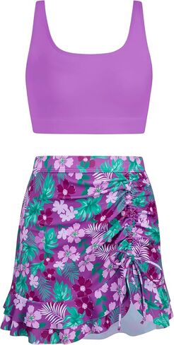 DAXIANG في سن المراهقة الفتيات قطعتين ملابس السباحة متواضعة كشكش تنورة Tankini مجموعة الأشرطة قابل للتعديل مجموعة البكيني للإزالة مبطن حجم 8-16 in Kuwait