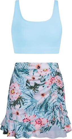 DAXIANG في سن المراهقة الفتيات قطعتين ملابس السباحة متواضعة كشكش تنورة Tankini مجموعة الأشرطة قابل للتعديل مجموعة البكيني للإزالة مبطن حجم 8-16 in Kuwait