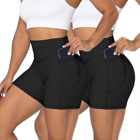 Sunzel No Front Seam Biker Shorts for Women with Pockets, Yoga Workout Gym Bike Shorts with Tummy Control 5" Inseam Black+Black (2 Pack) X-Large in Saudi Arabia