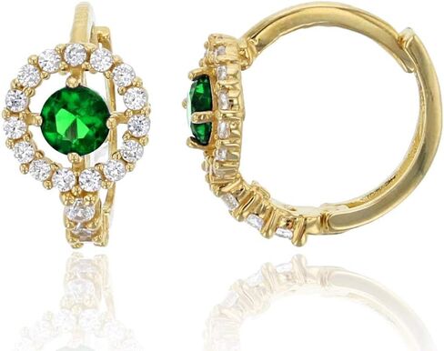 14K Yellow Solid Gold Micropave 6.5mm Round Halo AAA Cubic Zirconia Huggie Earrings | 5 Colors: Emerald, Pink, Red, Sapphire and Yellow | 6.5x10mm | Solid Gold Huggie Earrings for Women in Saudi Arabia