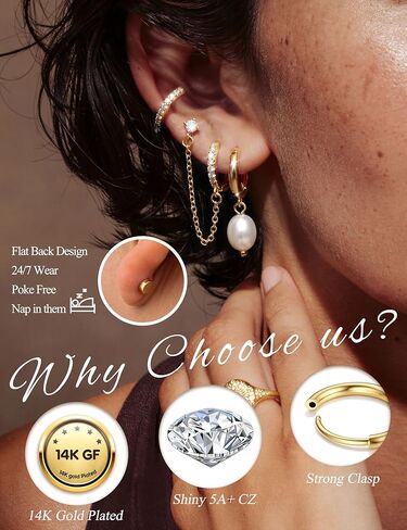 LOLIAS Hypoallergenic Flat Back Earrings Set for Women-Surgical Stainless Steel Earrings for Sensitive Ears-14K Gold Plated Cartilage Earring Stacks Flatback Stud Hoop Earring Sets for Multiple Piercing Jewelry in Saudi Arabia