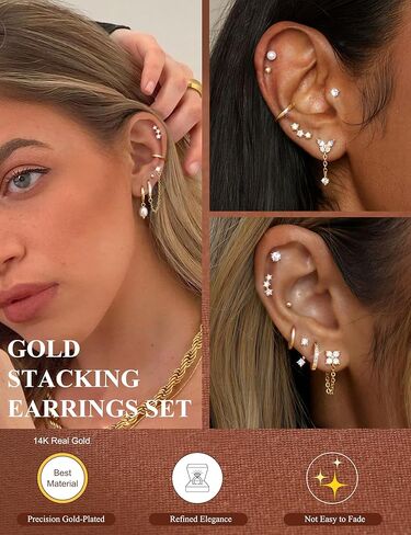 LOLIAS Hypoallergenic Flat Back Earrings Set for Women-Surgical Stainless Steel Earrings for Sensitive Ears-14K Gold Plated Cartilage Earring Stacks Flatback Stud Hoop Earring Sets for Multiple Piercing Jewelry in Saudi Arabia