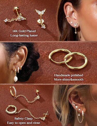 LOLIAS Hypoallergenic Flat Back Earrings Set for Women-Surgical Stainless Steel Earrings for Sensitive Ears-14K Gold Plated Cartilage Earring Stacks Flatback Stud Hoop Earring Sets for Multiple Piercing Jewelry in Saudi Arabia