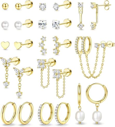 LOLIAS Hypoallergenic Flat Back Earrings Set for Women-Surgical Stainless Steel Earrings for Sensitive Ears-14K Gold Plated Cartilage Earring Stacks Flatback Stud Hoop Earring Sets for Multiple Piercing Jewelry in Saudi Arabia