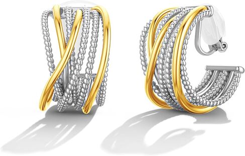 Gold and Silver Clip-On Earrings Two Tone Mixed Metal Clip-On Earrings Chunky Hoop Clip Earrings in Saudi Arabia