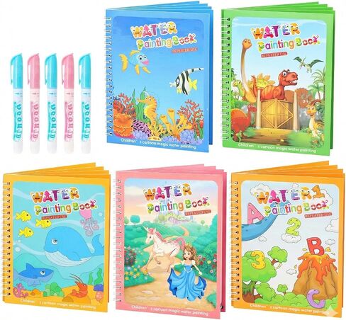 5 Pack Reusable Water Coloring Book for Toddlers, Water Doodle Book Toys, Paint with Water Books,Mess-Free Coloring Book, Portable Educational Doodle Drawing Toy, Educational Learning Kits Gifts in Kuwait