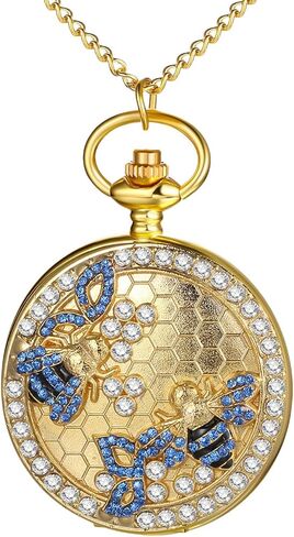 JewelryWe ساعة جيب النساء الرجال: الذهب خمر البرونزية الكوارتز التناظرية الجوف تألق بلينغ حجر الراين نحل العسل هنتر حالة فوب سلسلة ساعة هدية in Saudi Arabia