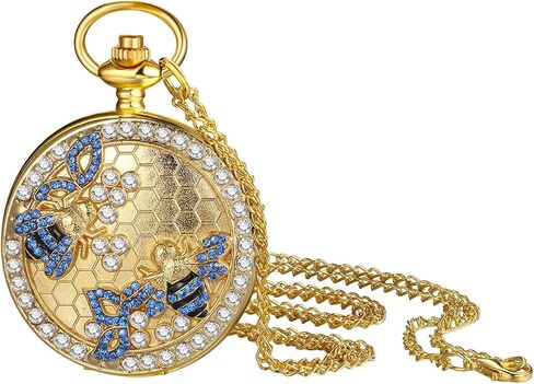 JewelryWe ساعة جيب النساء الرجال: الذهب خمر البرونزية الكوارتز التناظرية الجوف تألق بلينغ حجر الراين نحل العسل هنتر حالة فوب سلسلة ساعة هدية in Saudi Arabia