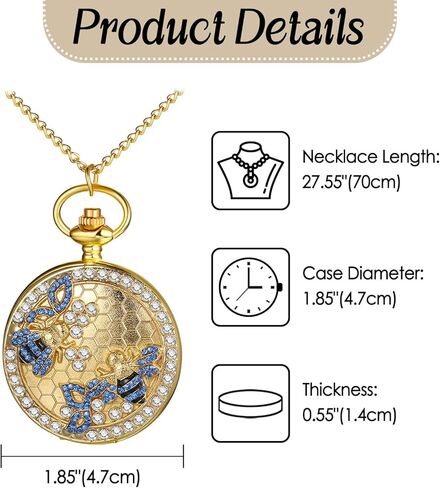 JewelryWe ساعة جيب النساء الرجال: الذهب خمر البرونزية الكوارتز التناظرية الجوف تألق بلينغ حجر الراين نحل العسل هنتر حالة فوب سلسلة ساعة هدية in Saudi Arabia