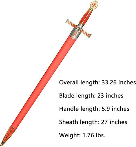 Sauvagine-33.3 بوصة سيف معدني تمبلار نايت باللونين الأحمر والذهبي - نسخة طبق الأصل من العصور الوسطى الصليبية للكوسبلاي والجمع والعرض in Kuwait