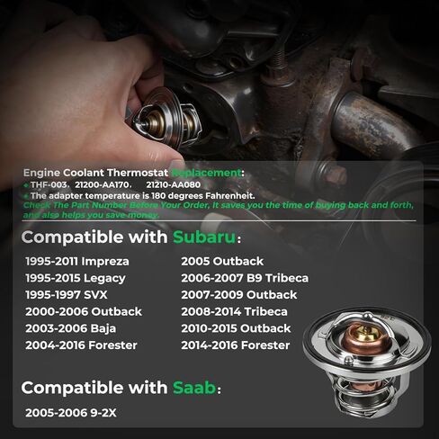Engine Thermostat for Subaru, Saab, Forester, Outback, Impreza, Legacy, Tribeca, B9 Tribeca, Baja, SVX, 9-2X, WRX, STI, BRZ, Crosstrek, Ascent, SUV, Wagon, Sedan, Hatchback, replaces THF-003 in Kuwait
