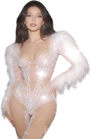 Sparkly Rhinestone Jumpsuit with Feather Sleeves,Sheer Mesh See-Through Bodysuit for Party,Stage Performance&Clubwear in Saudi Arabia