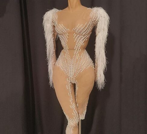 Sparkly Rhinestone Jumpsuit with Feather Sleeves,Sheer Mesh See-Through Bodysuit for Party,Stage Performance&Clubwear in Saudi Arabia