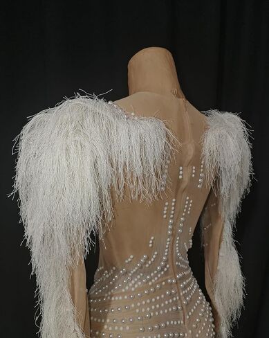 Sparkly Rhinestone Jumpsuit with Feather Sleeves,Sheer Mesh See-Through Bodysuit for Party,Stage Performance&Clubwear in Saudi Arabia