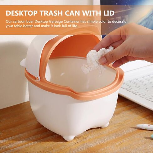 Lurrose Mini Desktop Trash Can with Lid, Bear Cartoon Countertop Trash Bin, Plastic Small Wastebasket for Bedroom and Office, Adorable Tiny Garbage Storage Basket in Saudi Arabia