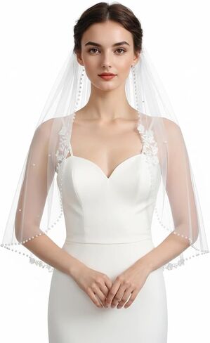 Womens 1 Tier Fingertip Length Veils Short Pearl and Flower Edge Wedding Bridal Veil With Comb in Saudi Arabia