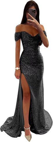 Sequin Prom Dresses for Women Off The Shoulder V-Neck Long Ball Gown with Slit Formal Cocktial Dress in Kuwait