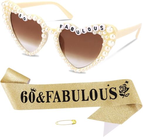 Chanaco 60th Birthday Decoration for Women 60 & Fabulous Birthday Queen Sash and Sunglasses Gold Pearl Heart Sunglasses Black Glitter Sash Gift Set Outfit for Party Decoration in Saudi Arabia