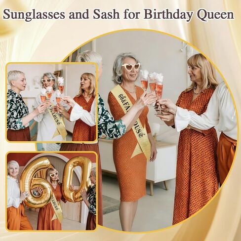 Chanaco 60th Birthday Decoration for Women 60 & Fabulous Birthday Queen Sash and Sunglasses Gold Pearl Heart Sunglasses Black Glitter Sash Gift Set Outfit for Party Decoration in Saudi Arabia