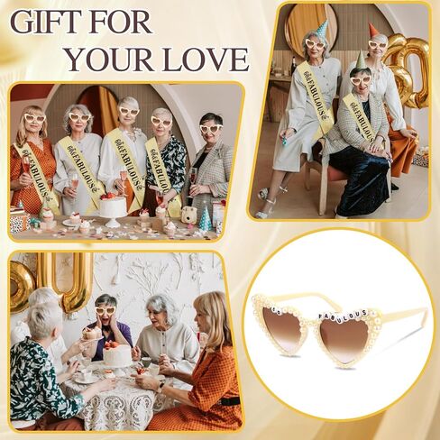 Chanaco 60th Birthday Decoration for Women 60 & Fabulous Birthday Queen Sash and Sunglasses Gold Pearl Heart Sunglasses Black Glitter Sash Gift Set Outfit for Party Decoration in Saudi Arabia