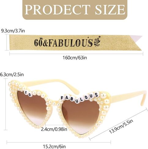 Chanaco 60th Birthday Decoration for Women 60 & Fabulous Birthday Queen Sash and Sunglasses Gold Pearl Heart Sunglasses Black Glitter Sash Gift Set Outfit for Party Decoration in Saudi Arabia