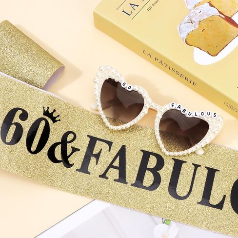 Chanaco 60th Birthday Decoration for Women 60 & Fabulous Birthday Queen Sash and Sunglasses Gold Pearl Heart Sunglasses Black Glitter Sash Gift Set Outfit for Party Decoration in Saudi Arabia