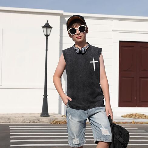 Fkatuzi Boys Christian Graphic Tank Tops God Jesus Shirts for Kids Cross Faith Religious Cotton Acid Wash Sleevesless Tshirt in Kuwait
