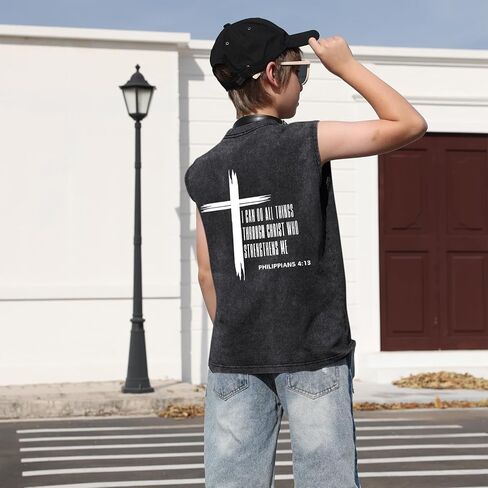 Fkatuzi Boys Christian Graphic Tank Tops God Jesus Shirts for Kids Cross Faith Religious Cotton Acid Wash Sleevesless Tshirt in Kuwait