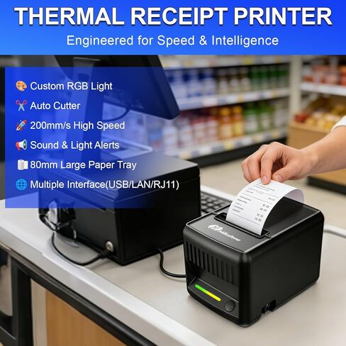 طابعة إيصالات Milestone P80E POS، طابعة إيصالات حرارية USB 80 مم مع قاطع تلقائي وتنبيهات صوتية وبصرية، طابعات بيع بالتجزئة للمطبخ مع USB Ethernet درج للنقود يدعم Windows Mac in Kuwait